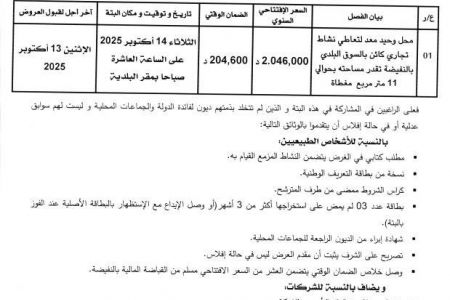 الإعلان عن بتة عمومية لتسويغ محل بالسوق البلدي (للمرة الرابعة)