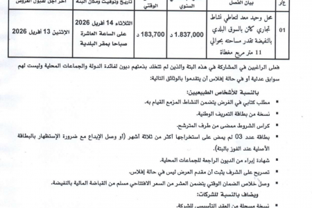 إعلان بتة عمومية لتسويع محل معدّ لتعاطي نشاط تجاري